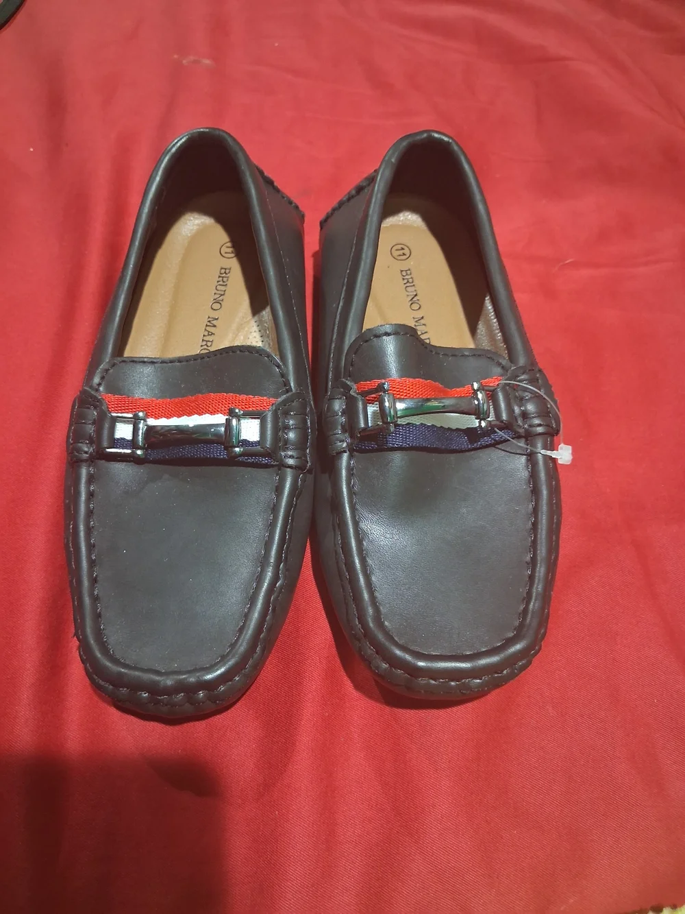 Bruno Marc Boys Black Leather Dress Loafers with Red & Navy Trim